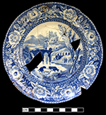 Pearlware small plate underglaze printed in medium blue. Continuous repeating floral border. 6.25” rim diameter, .75” vessel height.